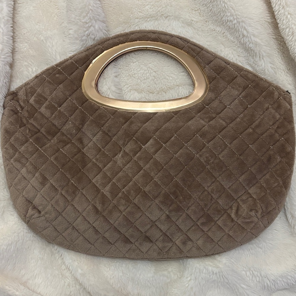 Quilted Taupe Plush Handbag with Gold-Tone Handle